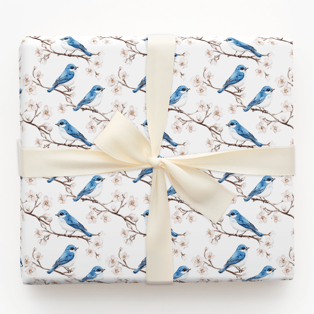 1 Roll Blue Floral Bird Wrapping Paper Mini Roll - 43Cm X 10M Blue