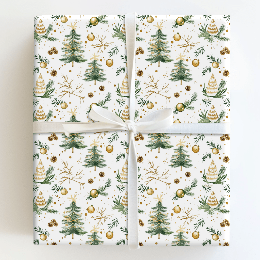 Sweet Golden Greetings Wrapping Paper: Gold Christmas Tree Gift Wrap ...
