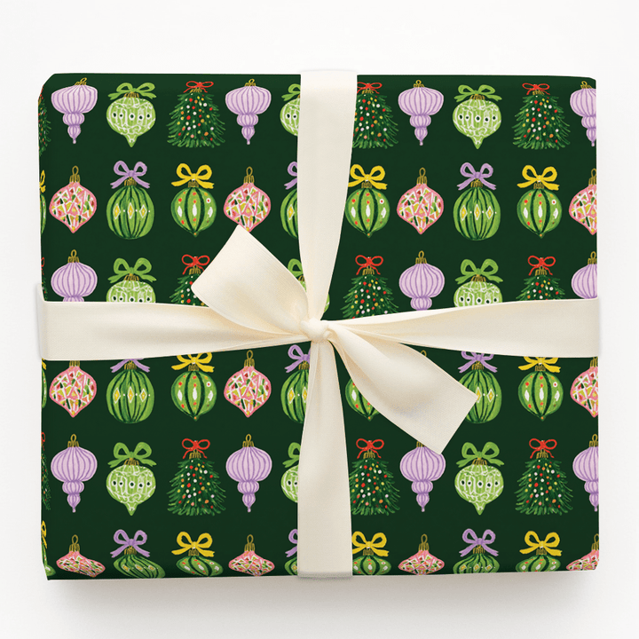 Ribboned Ornaments Green - Wrapping Paper - Aspen & Arlo