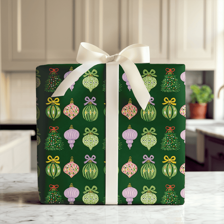 Ribboned Ornaments Green - Wrapping Paper - Aspen & Arlo