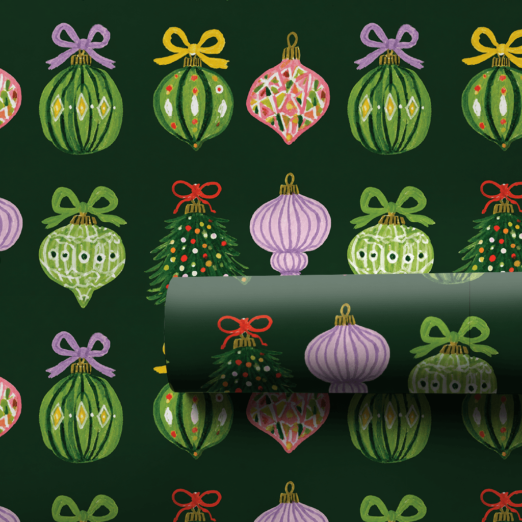 Ribboned Ornaments Green - Wrapping Paper - Aspen & Arlo