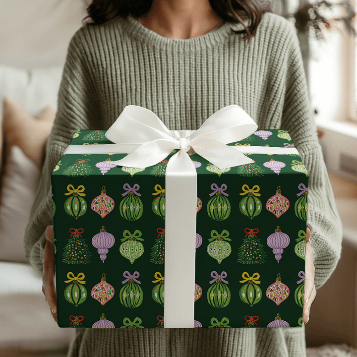 Ribboned Ornaments Green - Wrapping Paper - Aspen & Arlo