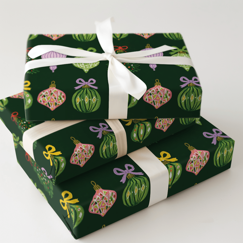 Ribboned Ornaments Green - Wrapping Paper - Aspen & Arlo