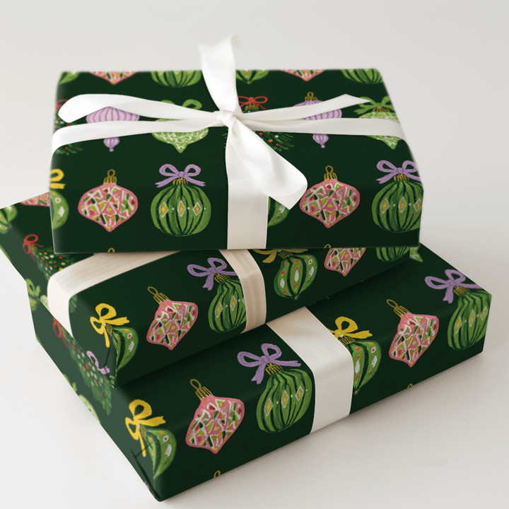 Ribboned Ornaments Green - Wrapping Paper - Aspen & Arlo