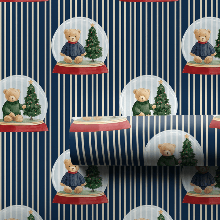 Teddys Snowglobe Stripe in Navy Blue - Wrapping Paper - Aspen & Arlo