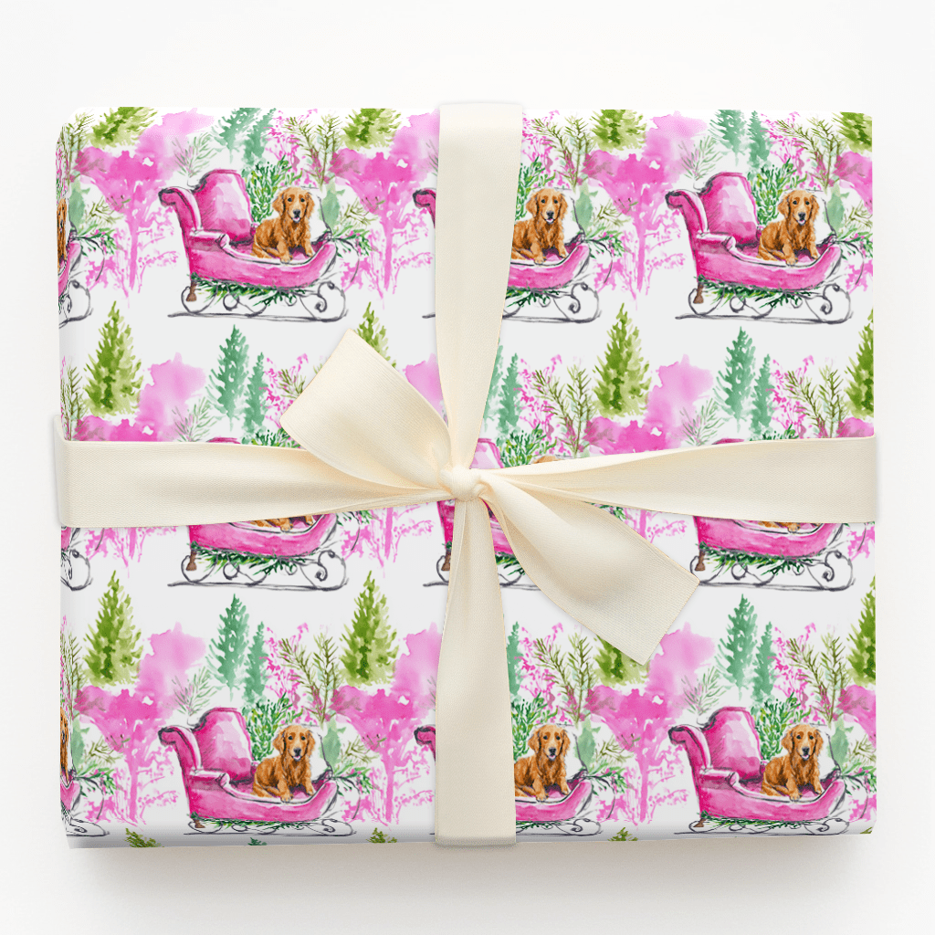 Dachshund Pink Sleigh - Wrapping Paper - Aspen & Arlo