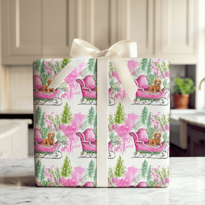 Dachshund Pink Sleigh - Wrapping Paper - Aspen & Arlo