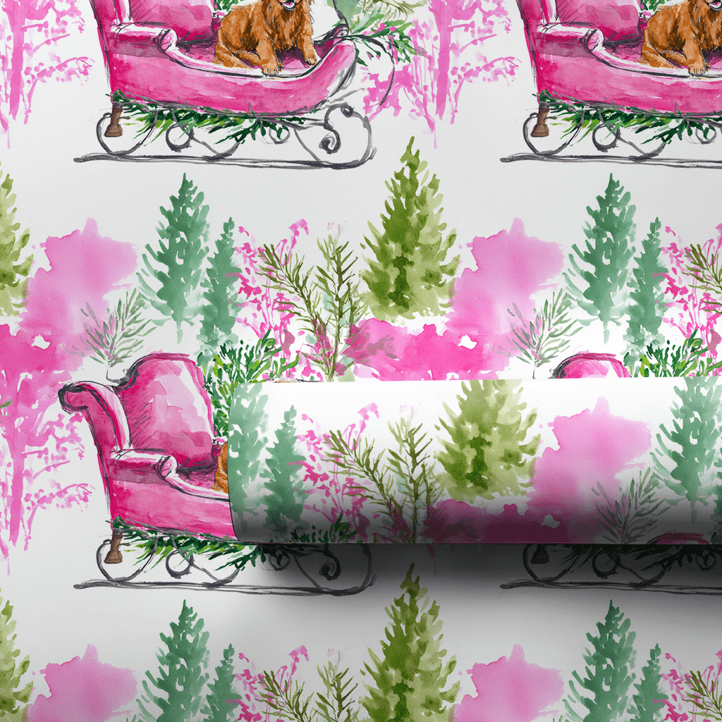 Dachshund Pink Sleigh - Wrapping Paper - Aspen & Arlo