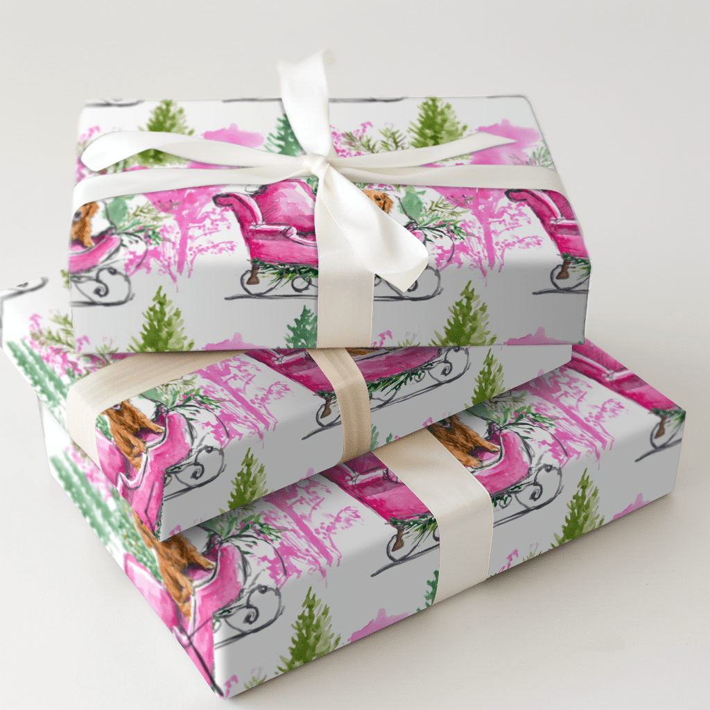 Dachshund Pink Sleigh - Wrapping Paper - Aspen & Arlo