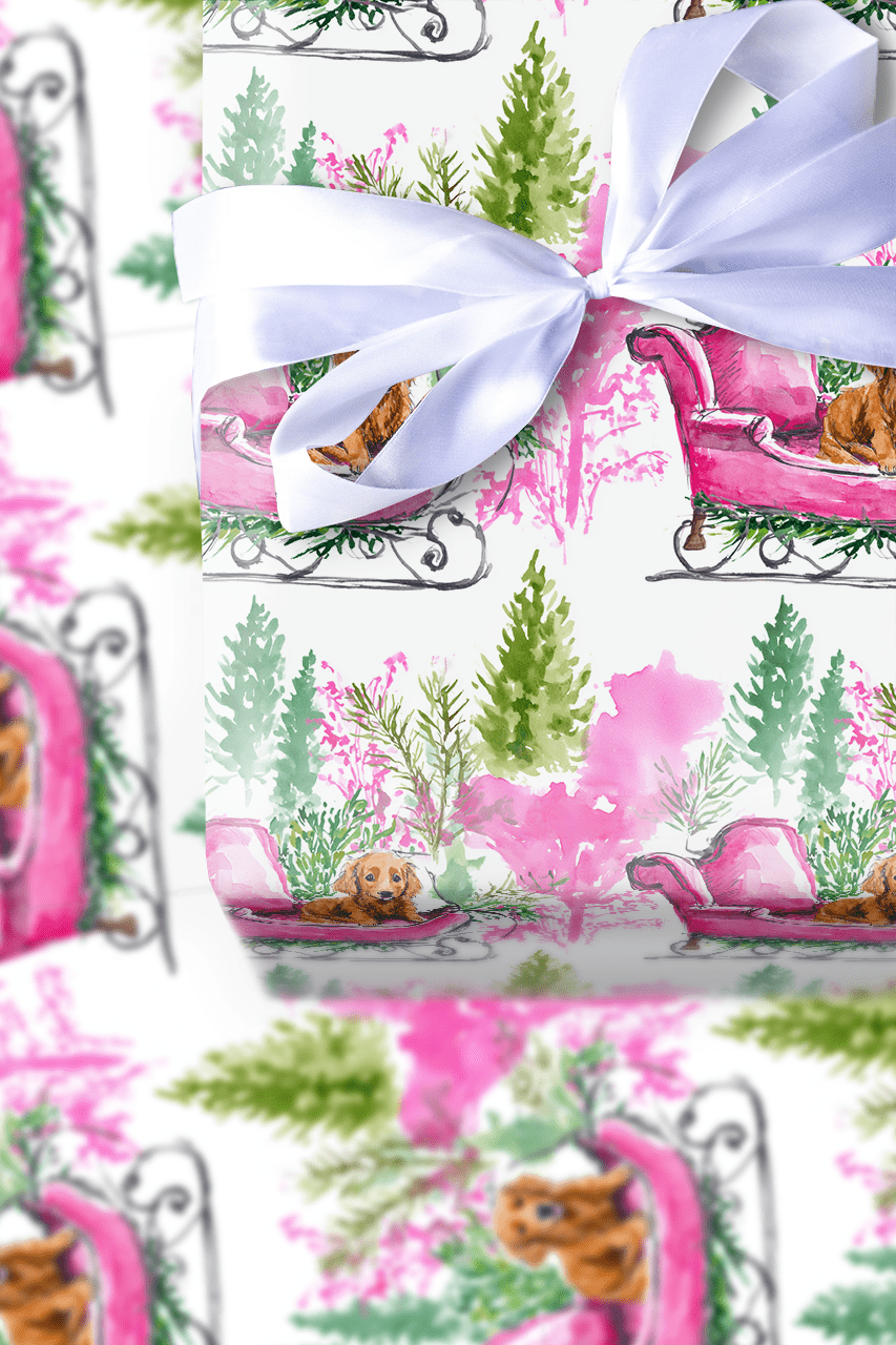 Dachshund Pink Sleigh - Wrapping Paper - Aspen & Arlo