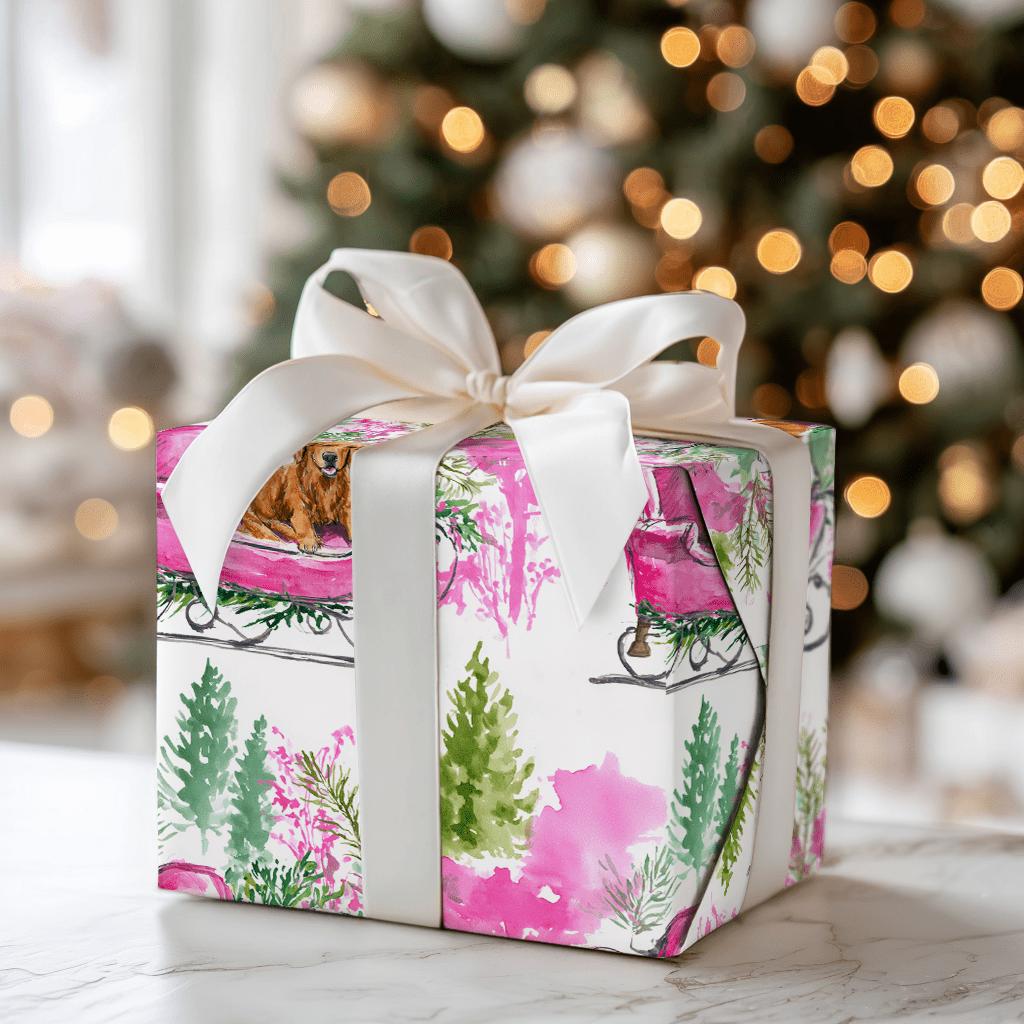 Dachshund Pink Sleigh - Wrapping Paper - Aspen & Arlo