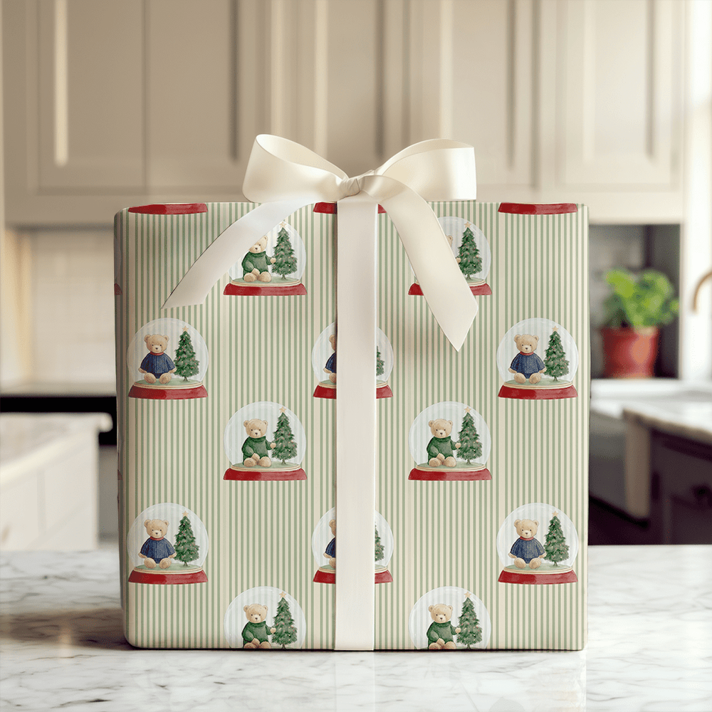 Teddy's Snowglobe Stripes - Wrapping Paper - Aspen & Arlo