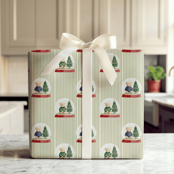Teddy's Snowglobe Stripes - Wrapping Paper - Aspen & Arlo