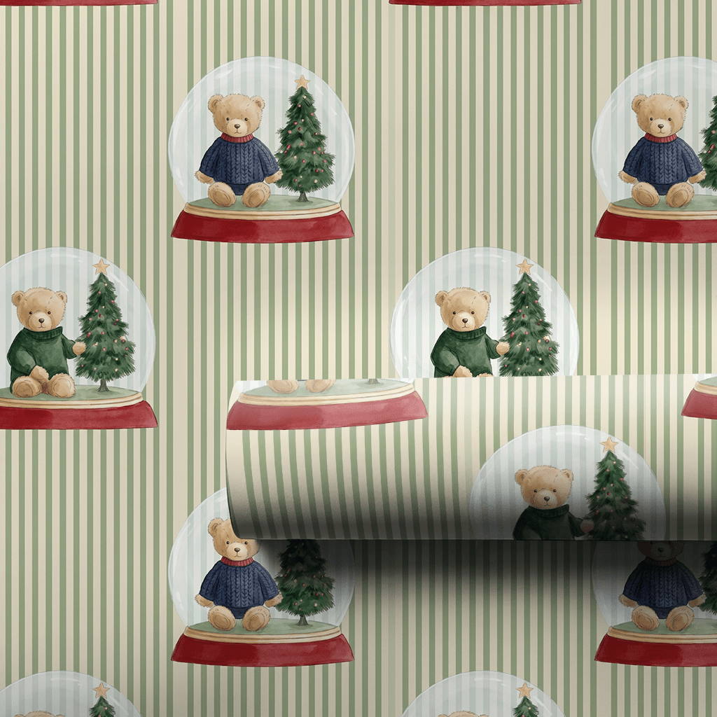 Teddy's Snowglobe Stripes - Wrapping Paper - Aspen & Arlo