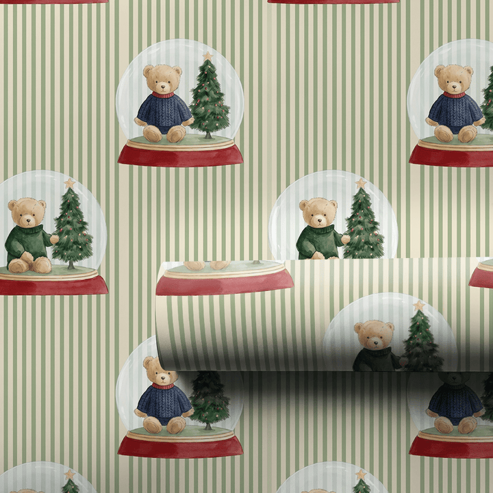Teddy's Snowglobe Stripes - Wrapping Paper - Aspen & Arlo