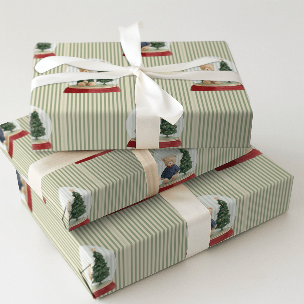 Teddy's Snowglobe Stripes - Wrapping Paper - Aspen & Arlo