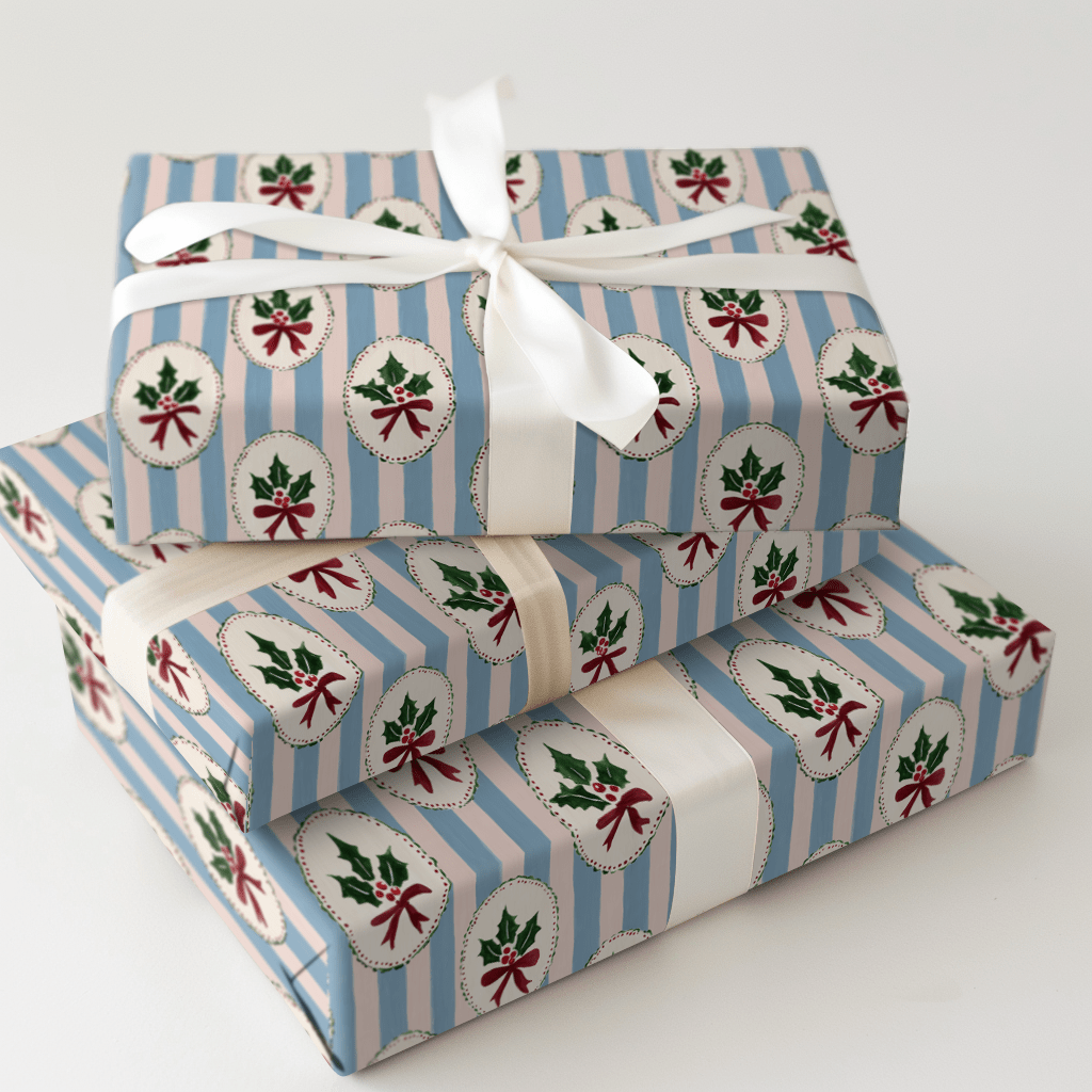 Holly Cameo Stripes - Wrapping Paper - Aspen & Arlo