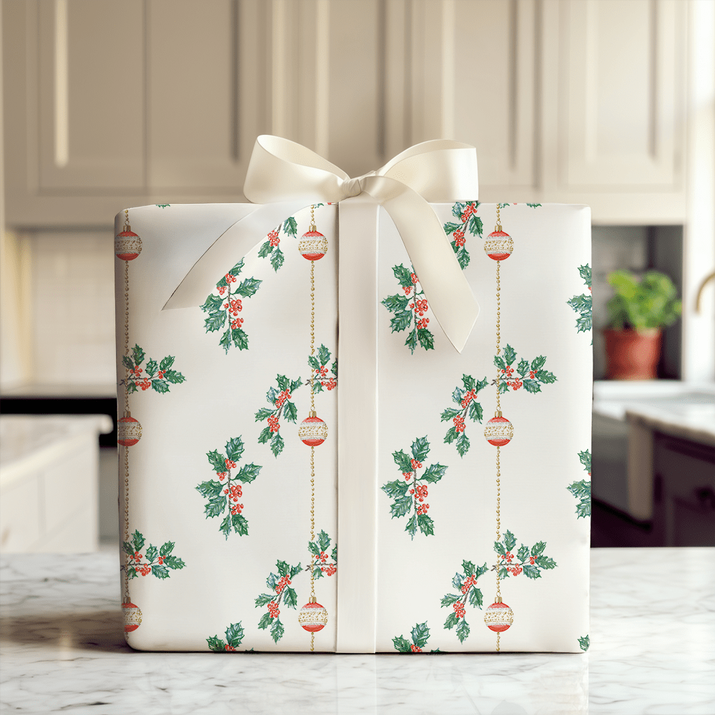 Holly & Ornament Drop - Wrapping Paper - Aspen & Arlo