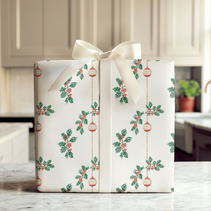 Holly & Ornament Drop - Wrapping Paper - Aspen & Arlo
