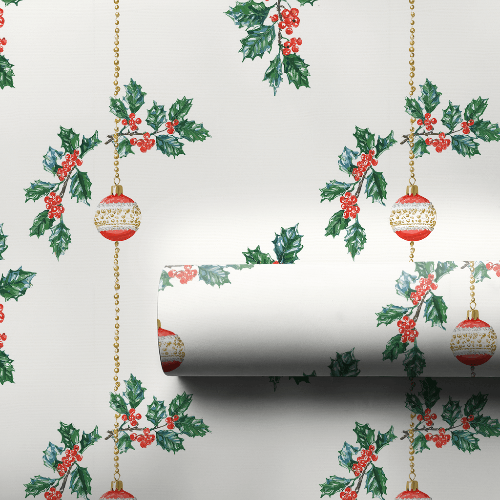 Holly & Ornament Drop - Wrapping Paper - Aspen & Arlo