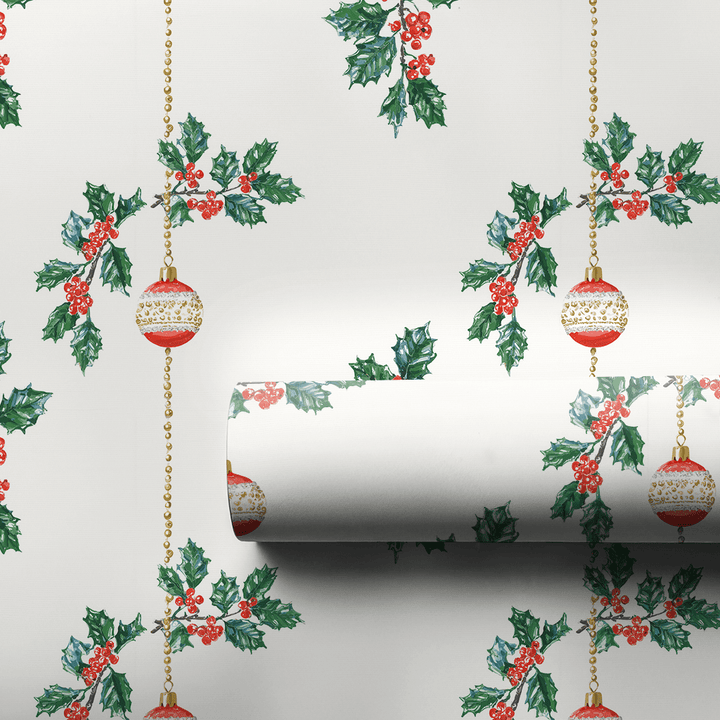 Holly & Ornament Drop - Wrapping Paper - Aspen & Arlo