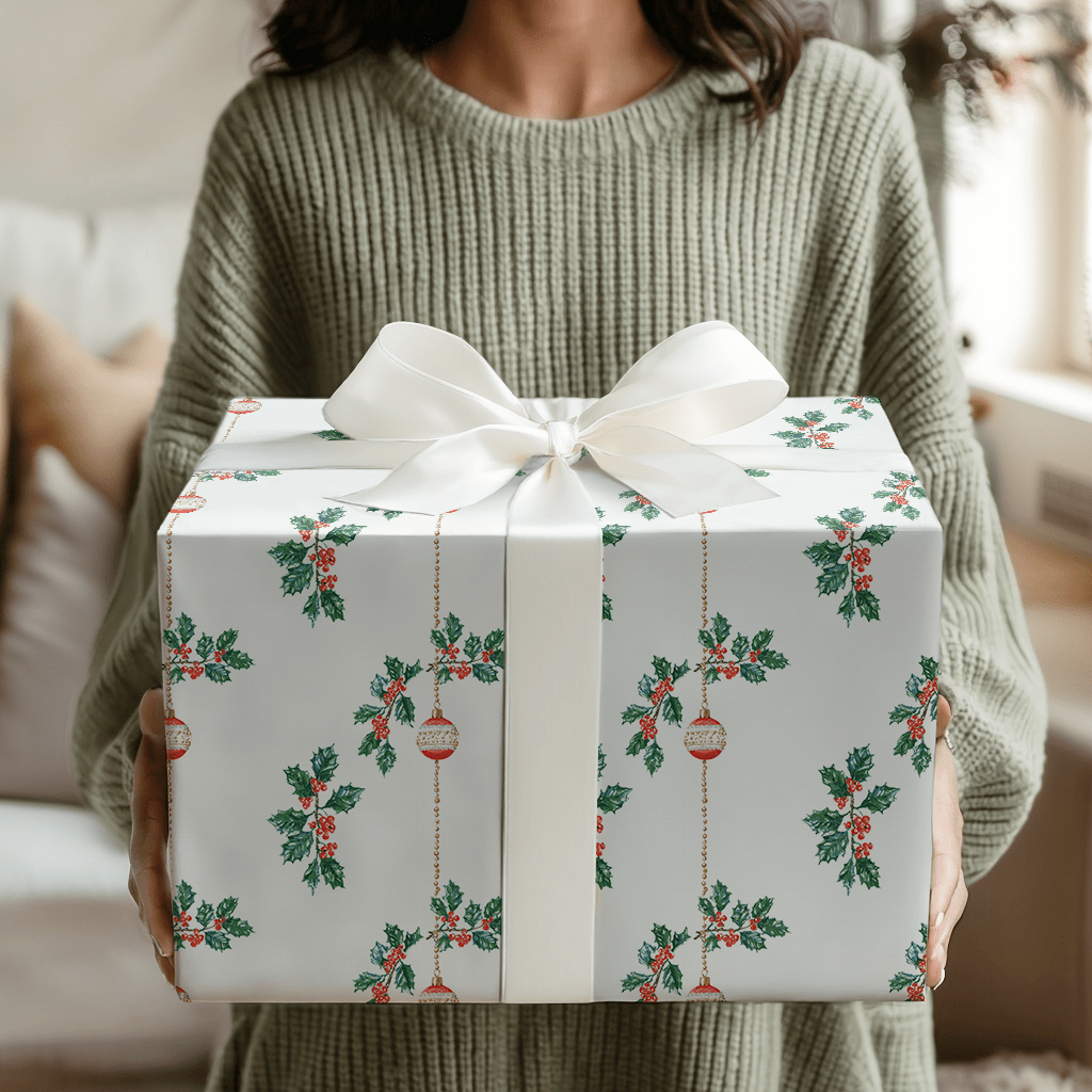 Holly & Ornament Drop - Wrapping Paper - Aspen & Arlo