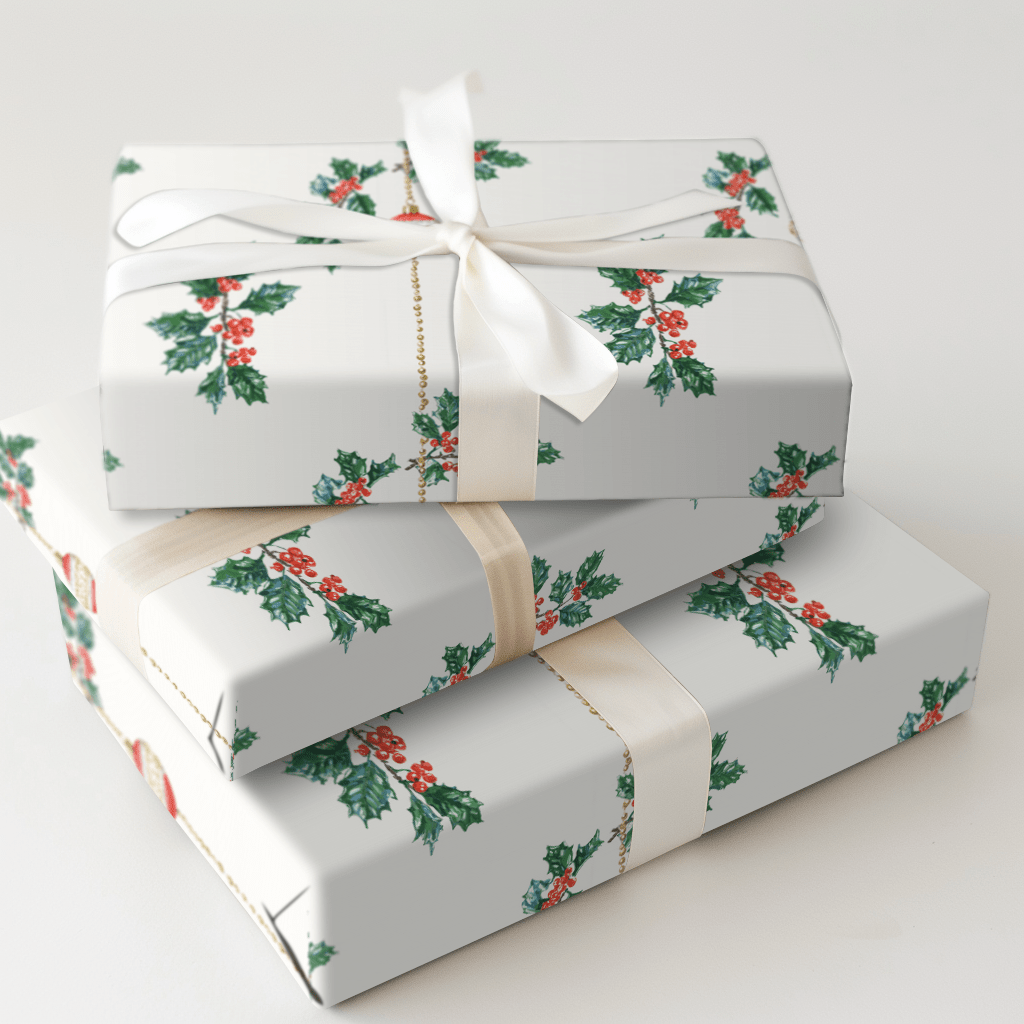Holly & Ornament Drop - Wrapping Paper - Aspen & Arlo