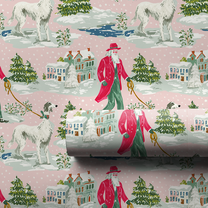 Borzoi walking Santa