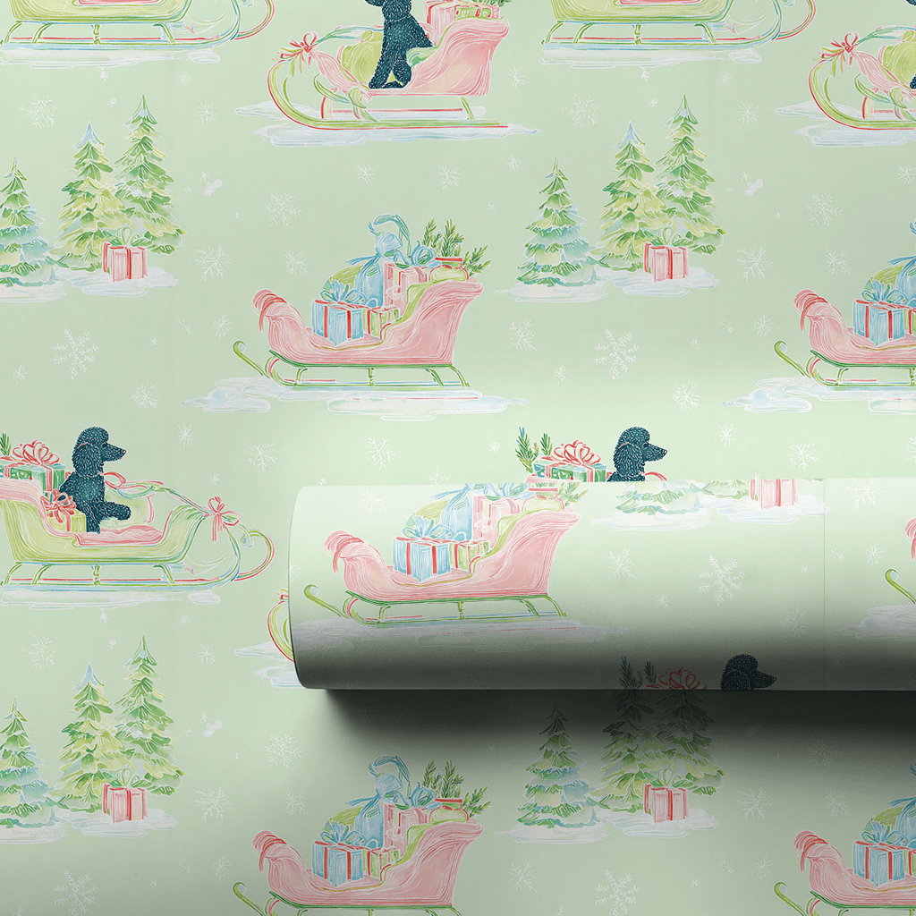 Black Poodle Sleigh - Wrapping Paper - Aspen & Arlo