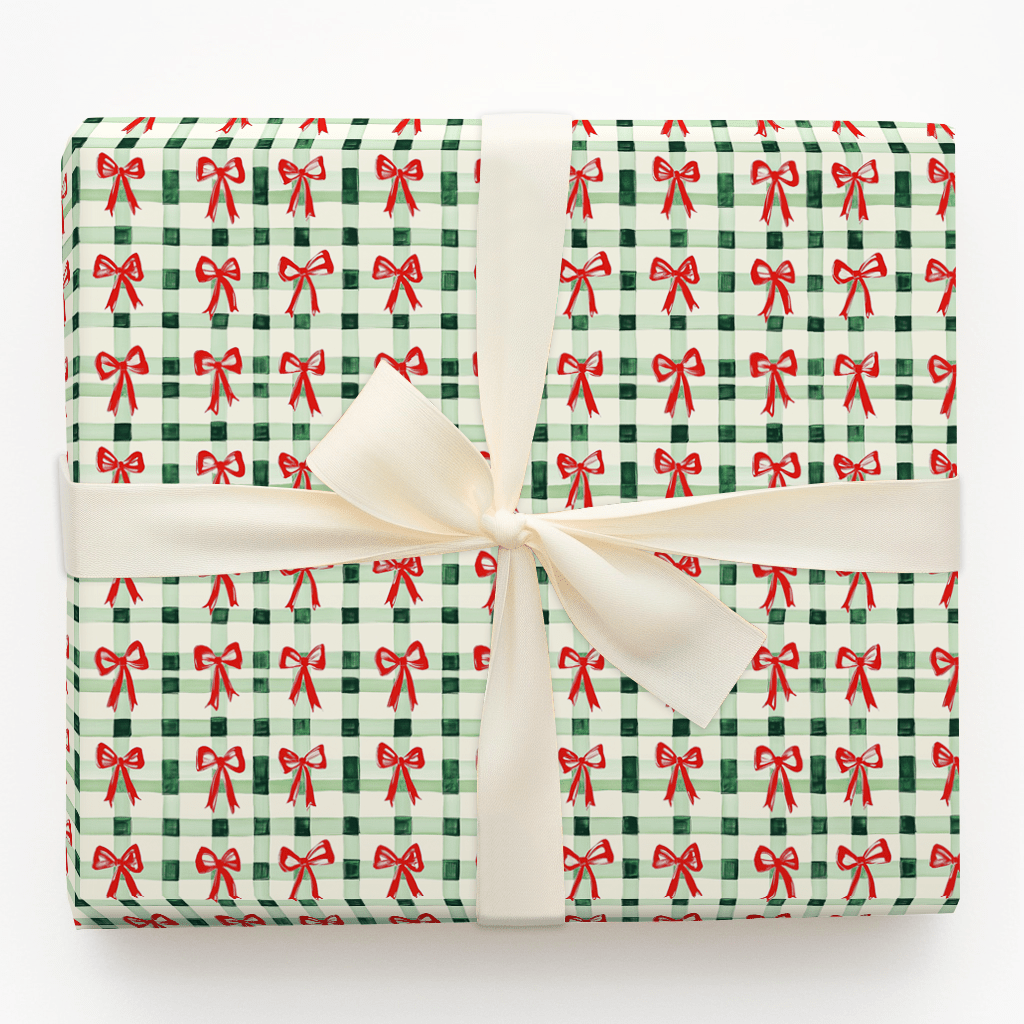 Green Plaid and Red Ribbon - Wrapping Paper - Aspen & Arlo