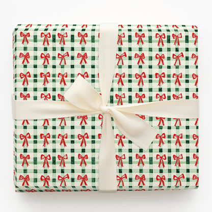 Green Plaid and Red Ribbon - Wrapping Paper - Aspen & Arlo