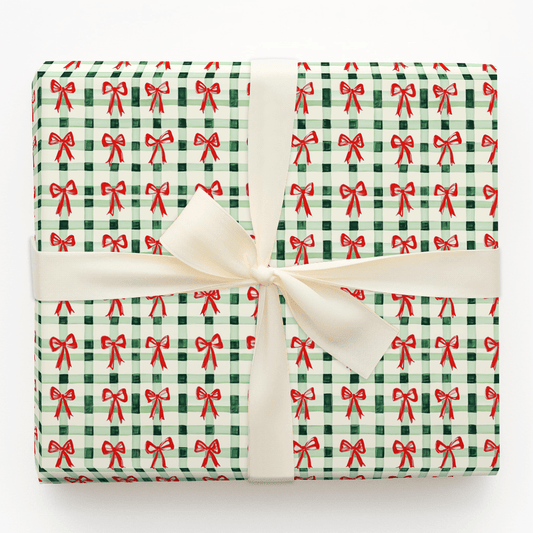 Green Plaid and Red Ribbon - Wrapping Paper - Aspen & Arlo
