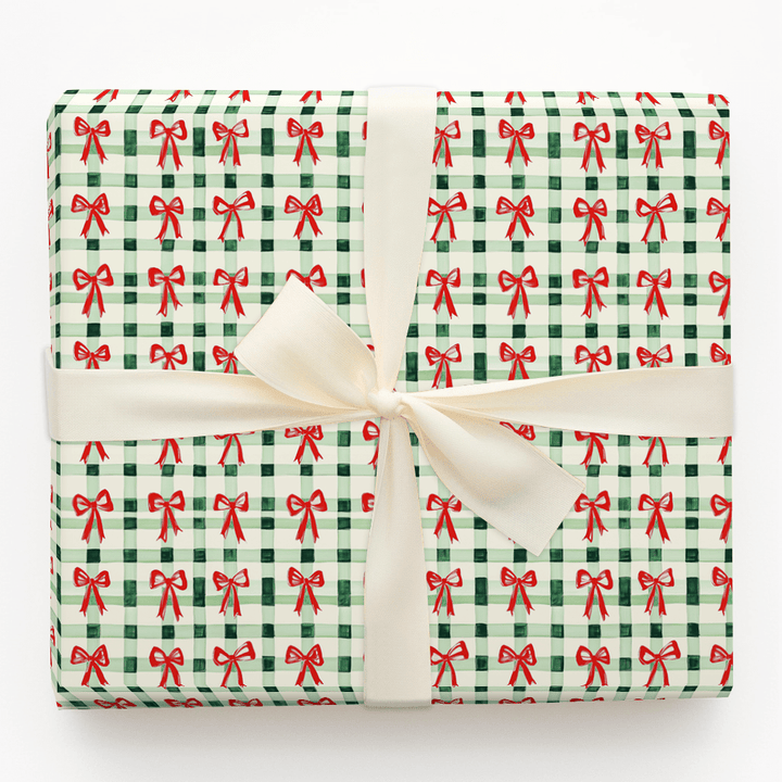 Green Plaid and Red Ribbon - Wrapping Paper - Aspen & Arlo