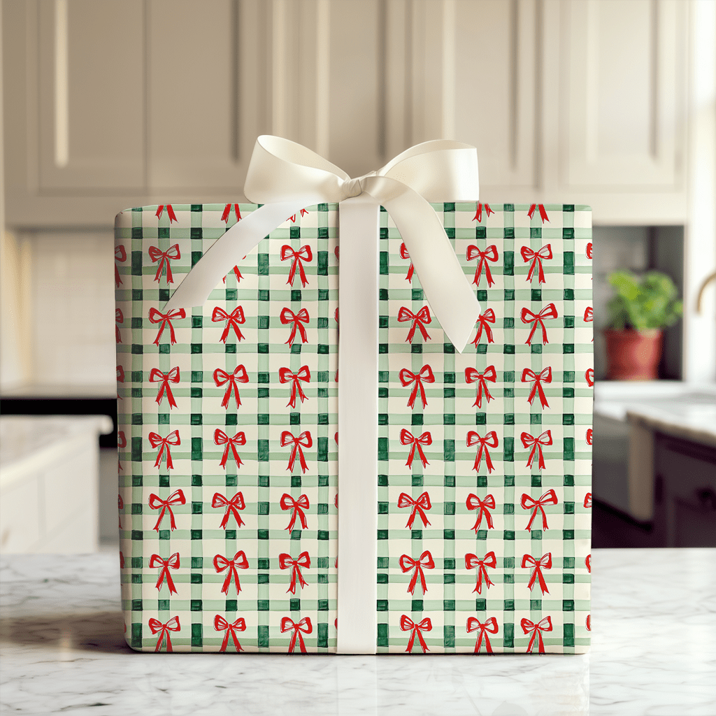Green Plaid and Red Ribbon - Wrapping Paper - Aspen & Arlo