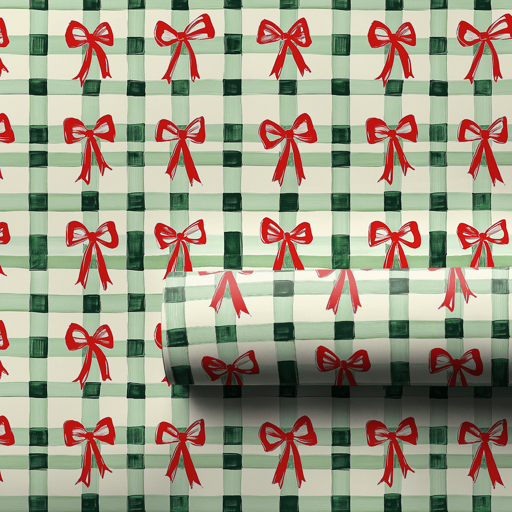Green Plaid and Red Ribbon - Wrapping Paper - Aspen & Arlo