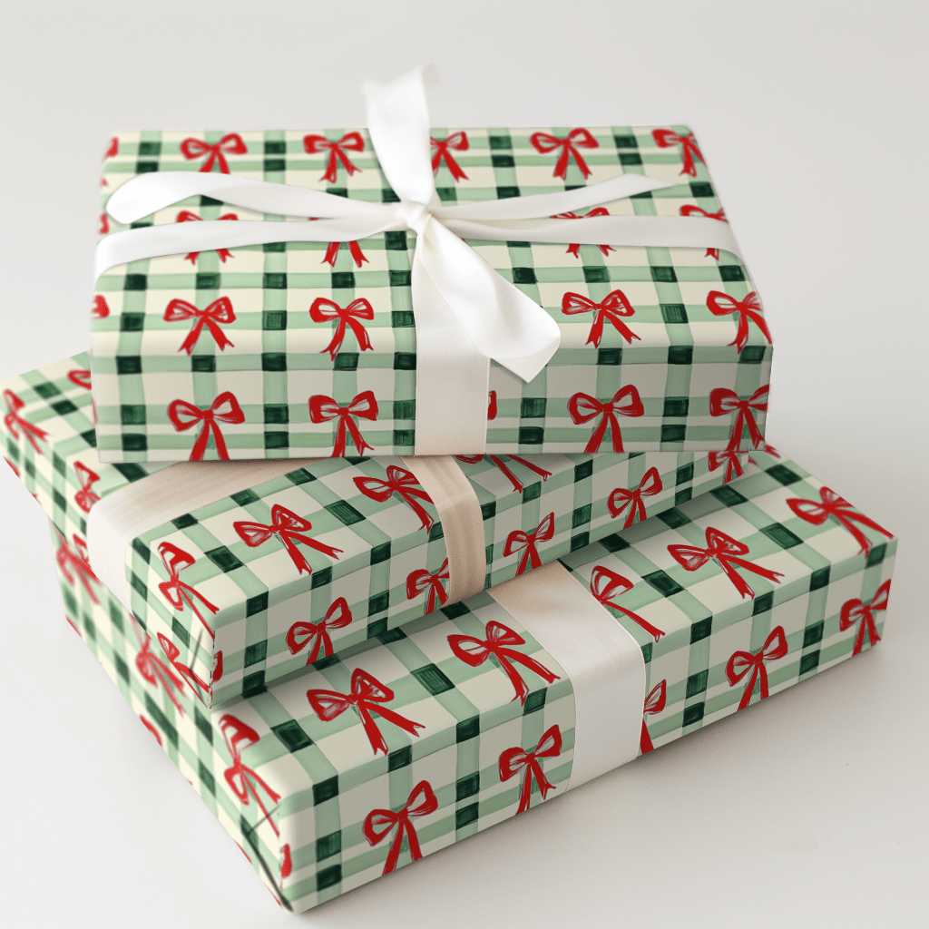 Green Plaid and Red Ribbon - Wrapping Paper - Aspen & Arlo