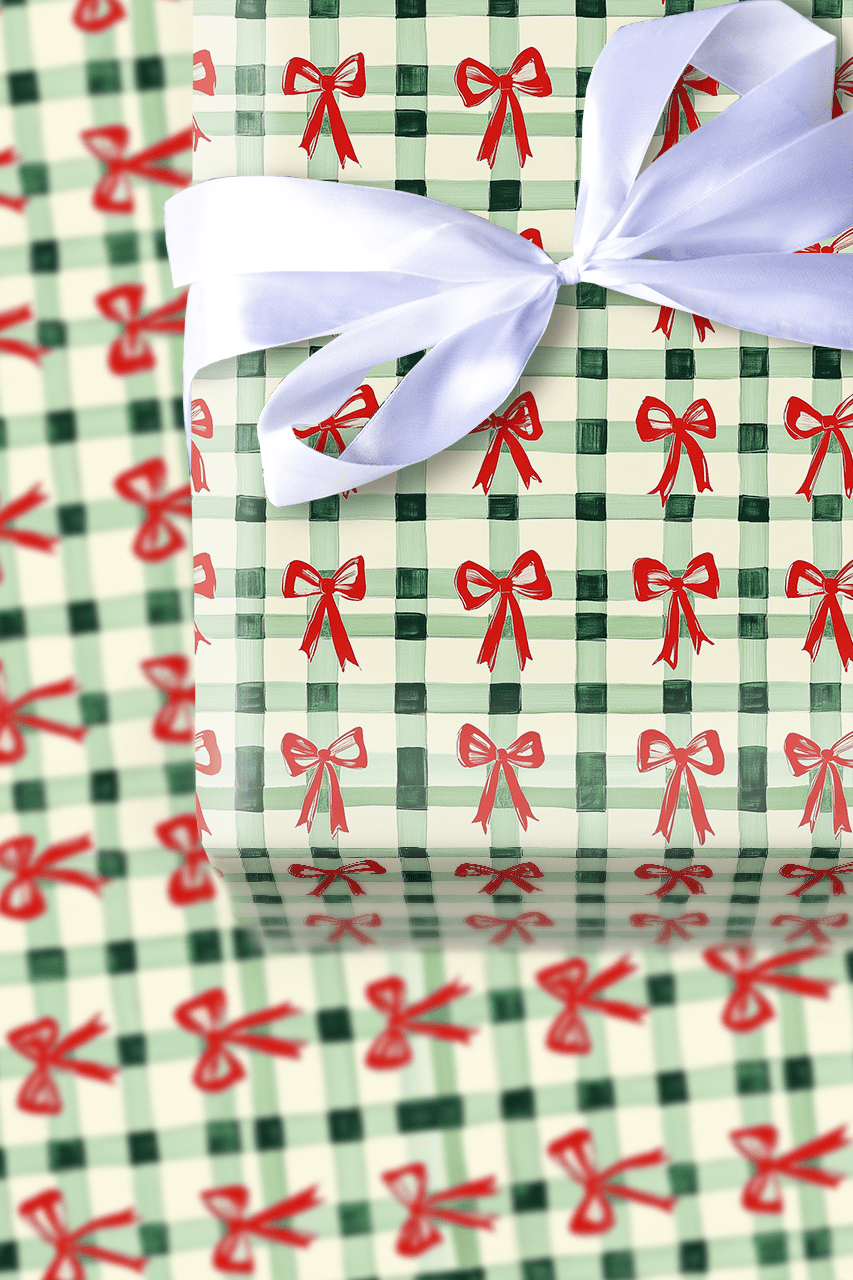 Green Plaid and Red Ribbon - Wrapping Paper - Aspen & Arlo