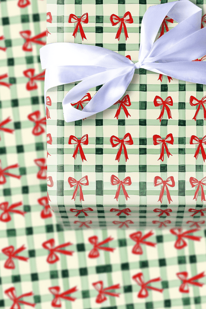 Green Plaid and Red Ribbon - Wrapping Paper - Aspen & Arlo