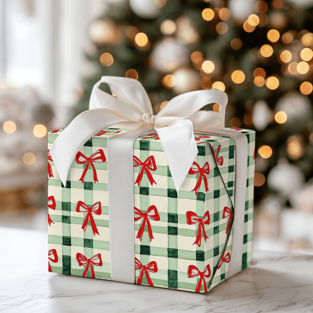 Green Plaid and Red Ribbon - Wrapping Paper - Aspen & Arlo