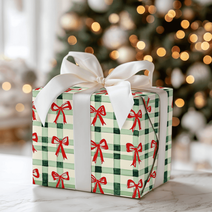 Green Plaid and Red Ribbon - Wrapping Paper - Aspen & Arlo