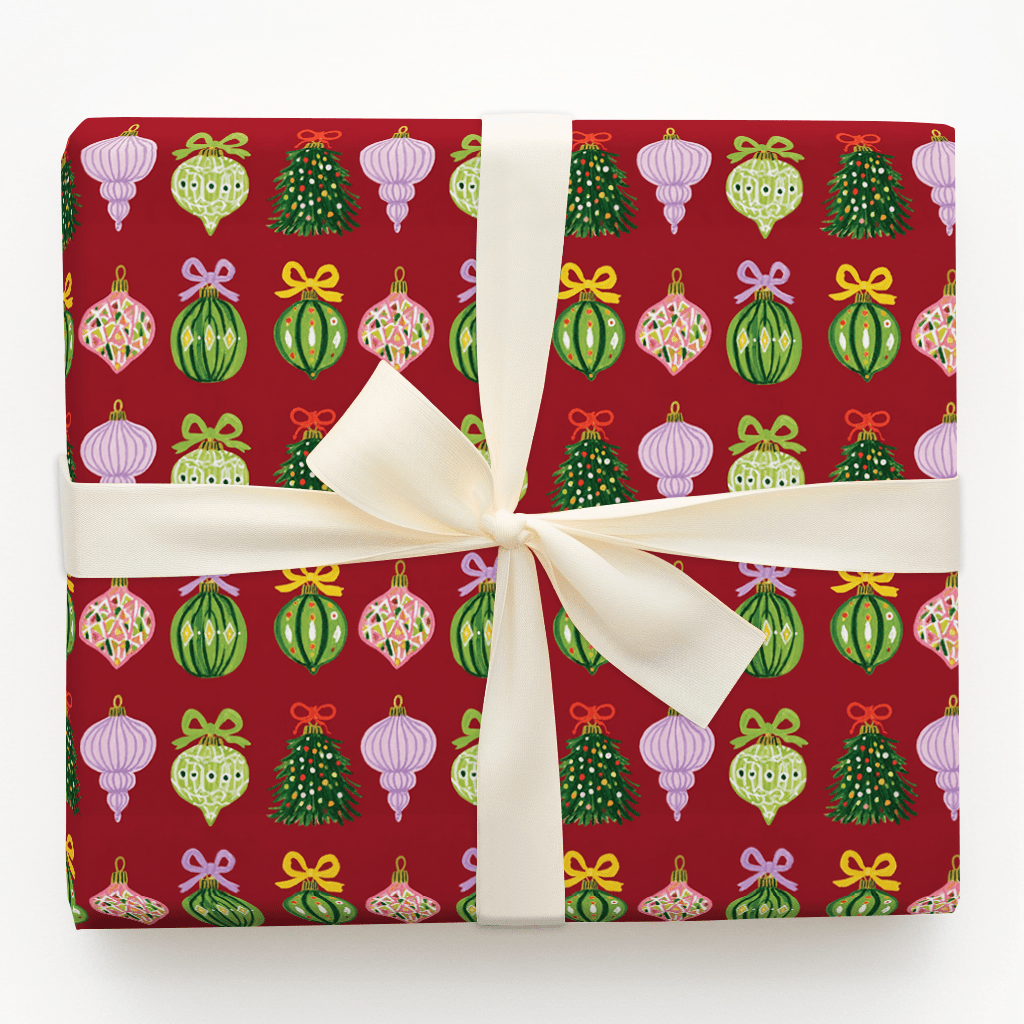Ribboned Ornaments Cranberry - Wrapping Paper - Aspen & Arlo