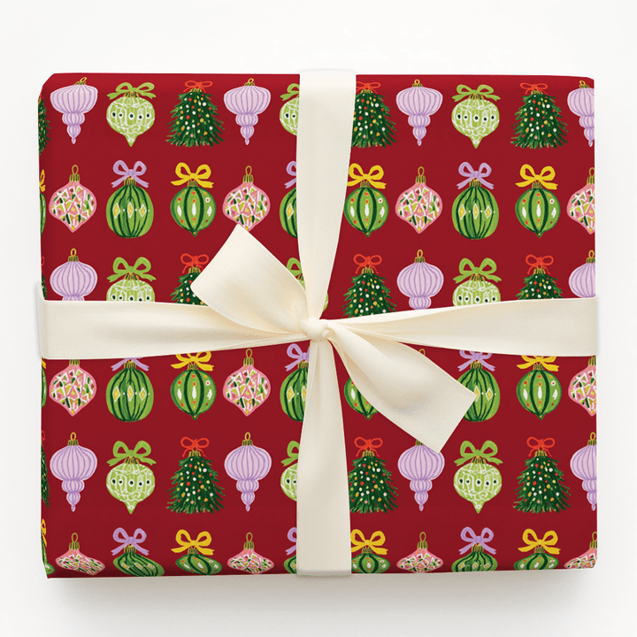Ribboned Ornaments Cranberry - Wrapping Paper - Aspen & Arlo