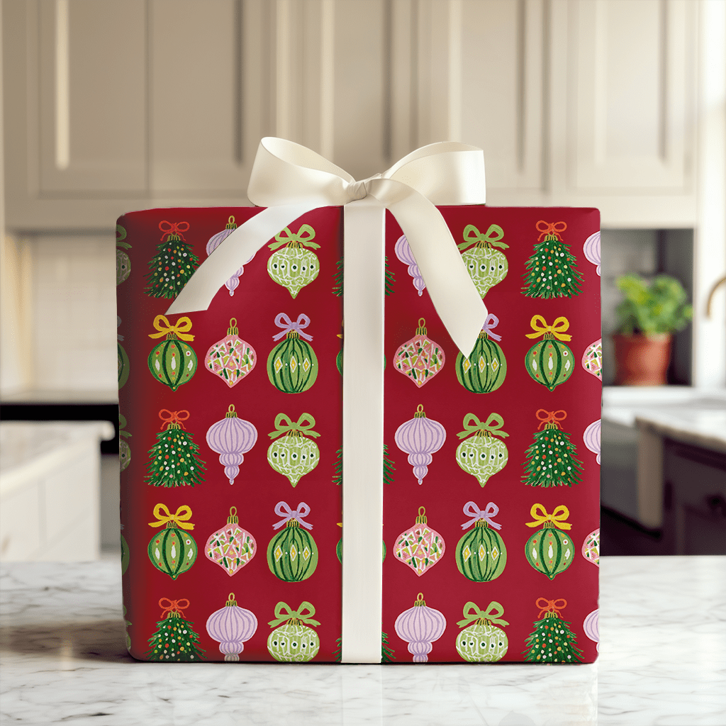 Ribboned Ornaments Cranberry - Wrapping Paper - Aspen & Arlo