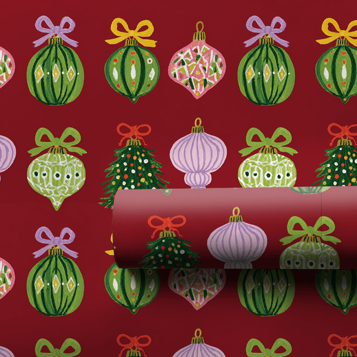 Ribboned Ornaments Cranberry - Wrapping Paper - Aspen & Arlo
