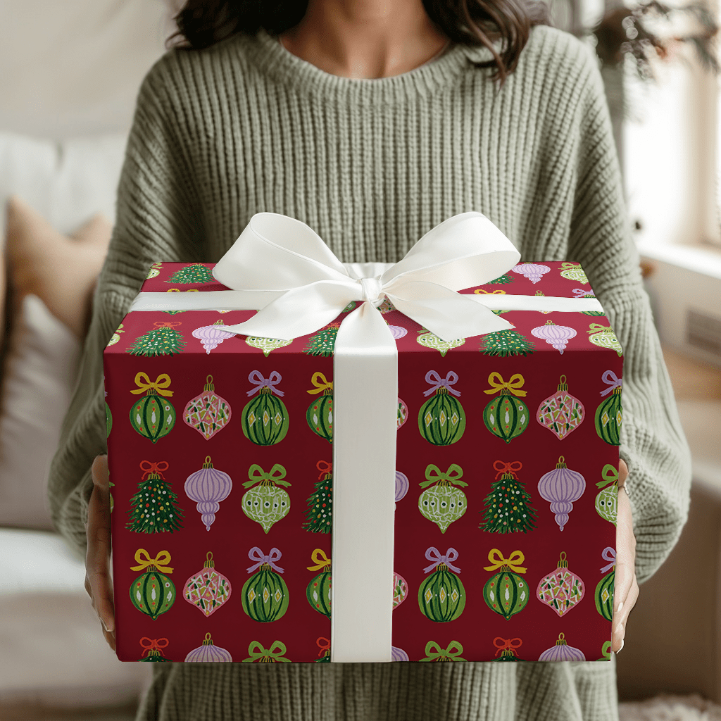 Ribboned Ornaments Cranberry - Wrapping Paper - Aspen & Arlo