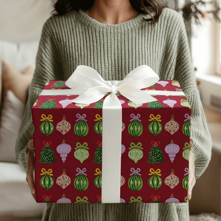 Ribboned Ornaments Cranberry - Wrapping Paper - Aspen & Arlo