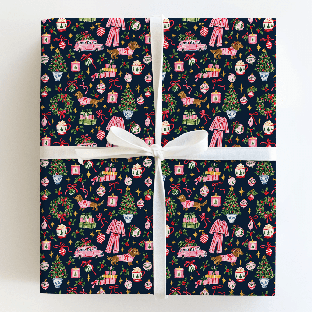 Doxie Pajama Party Navy - Wrapping Paper - Aspen & Arlo