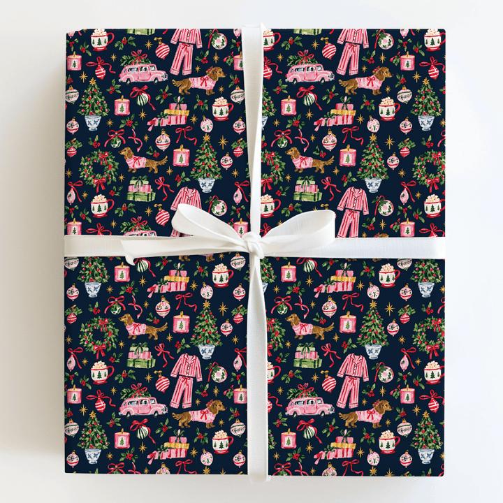 Doxie Pajama Party Navy - Wrapping Paper - Aspen & Arlo