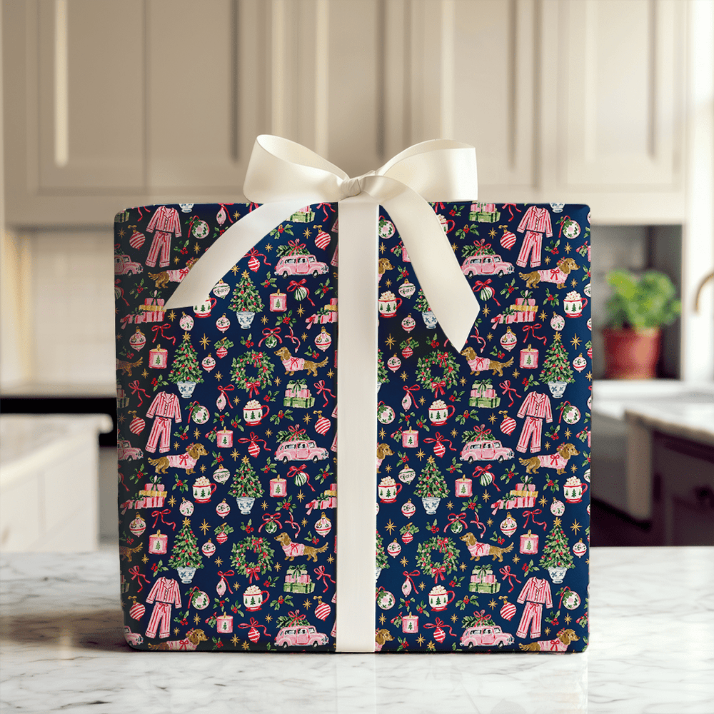 Doxie Pajama Party Navy - Wrapping Paper - Aspen & Arlo