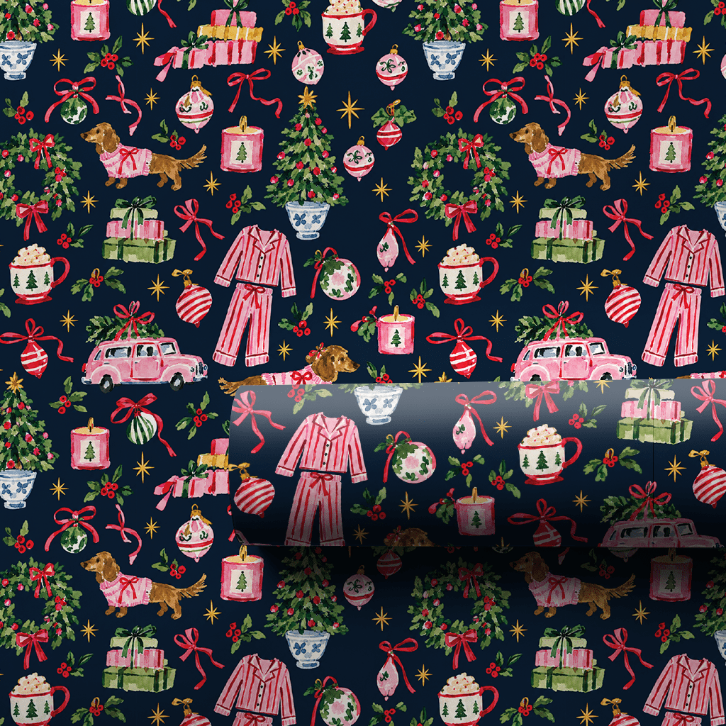 Doxie Pajama Party Navy - Wrapping Paper - Aspen & Arlo